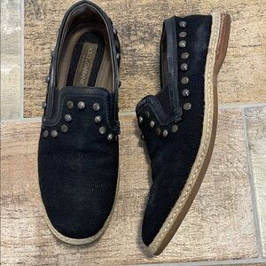 Dolce & Gabbana Mens Black Canvas Raffia Studded Loafers Size 10